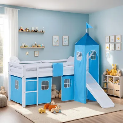 Produktbild von Homestyle4u Hochbett 90x200 Kinder Weiß Rutsche Set mit Matratze ® Standard 100 Vorhang Turm Blau Junge Kinder Weißbett Spielbett