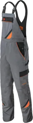 A pair of gray work overalls with orange and black accents, presented against a white background.