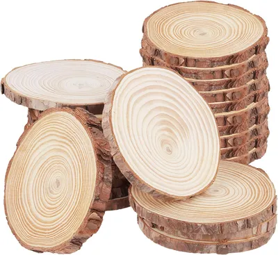 Productafbeelding van 13-14 cm natuurlijke houten plakjes boomschors - Set van 25 - Onafgewerkte houten onderzetters - Houten cirkels voor evenementdecoraties