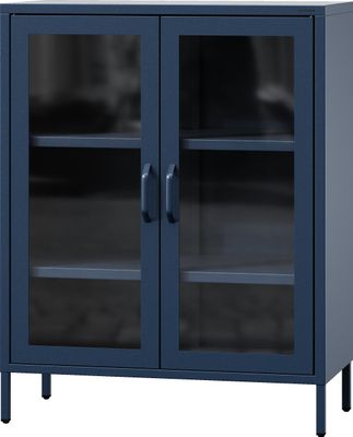 Jan Nowak kleiner Vitrinenschrank Kommode mit 2 Glastüren Gina 2 verstellbare Einlegeböden Standschrank aus Metall, 80 x 101,5 x 40 cm, Dunkelblau