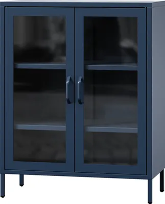 A dark blue metal cabinet with glass doors and shelves, shown against a white background.