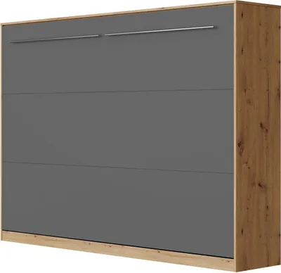 A closed wall bed with gray front panels and wood-grain side panels.