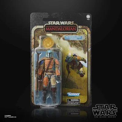 A Star Wars The Black Series action figure of The Mandalorian from Tatooine, presented in its vintage-style packaging.