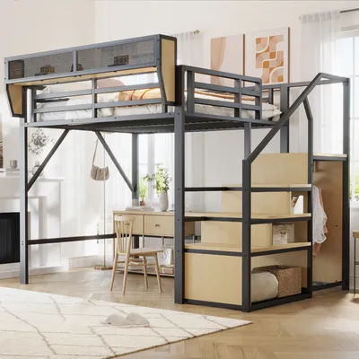 A loft bed with a desk and storage shelves in a bedroom setting.