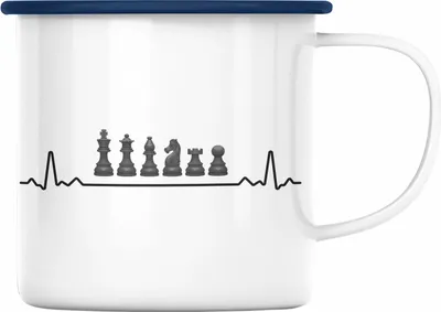 Produktbild von Trendation - Schachspieler Geschenk Schach Geschenkidee Emaille Tasse mit Schachfiguren Grafik Spruch (Blau)