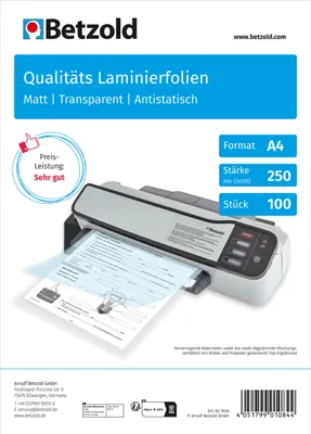 Produktbild von Betzold Laminierfolien DIN A4, 100 Stück, glänzend oder matt, Stärke: 250 mic, Oberfläche: matt