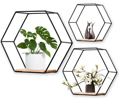 Obrázok produktu pre Omgoods – Súprava 3 hexagonálnych nástenných políc z kovu a dreva