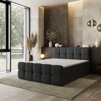 Produktbild von Masseno Boxspringbett BRUME 140x200 cm Komplett-Set mit Bonell Matratze und Topper, Polsterbett mit Bettkästen -Schwarz, SORO 100
