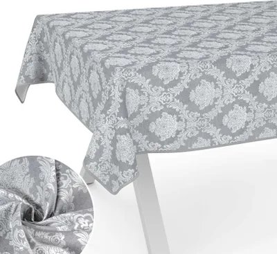 Produktbild von Tischdecke Barock aus Textil einfarbig Damast wasserabweisend Tischtuch Tischwäsche Aquarell Grau Breite 100cm Länge 160cm mit Paspelband