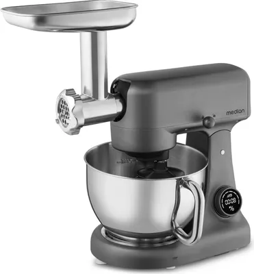 Produktbild von MEDION Küchenmaschine (Fleischwolf, 4,6 Liter Edelstahlschüssel, leiser Gleichstrommotor, 800 Watt, Reiben Raspeln Schneiden, Digitales Sensor Touch Display, Knetmaschine, Teigmaschine, MD12600) titan