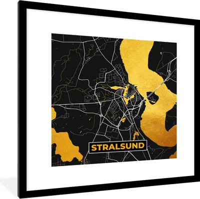 Produktbild von MuchoWow® Gerahmtes Poster Deutschland - Schwarz und Gold - Stralsund - Stadtplan - Karte 40x40 cm - Poster mit Schwarzem Bilderrahmen Wandposter Rahmen Foto Bilder - Poster - Plakat im Rahmen
