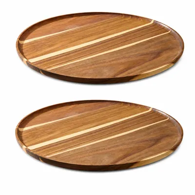 Productafbeelding van 2 serveerplanken van acaciahout, diameter 40 cm. Houten plank met verhoogde rand, houten decoratietafel, acaciahouten schaal