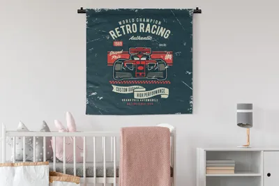 Produktbild von MuchoWow® Wandteppich Wandbehang Auto - Rennen - Retro - Zeichnung 90x90 cm Tapisserie Dekoration Wandtuch - Wandaufhänger