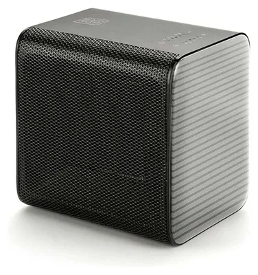 A black and gray ceramic heater is shown from a three-quarter front angle against a white background.