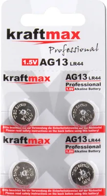 Produktbild von Kraftmax 4er Pack Knopfzelle Typ 357 ( AG13 / LR1154 / LR44 ) Hochleistungs- Batterie / 1,5V  Uhrenbatterie für professionelle Anwendungen - Neuste Generation