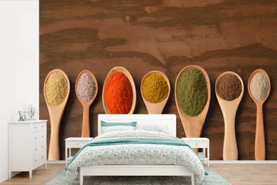 Produktbild von MuchoWow® Fototapete für Wohnzimmer oder Schlafzimmer Wandtapete Vinyl Motivtapete Schöpfkelle - Kräuter - Lebensmittel - Gewürze - Tisch - 390x260 cm - Papiertapete