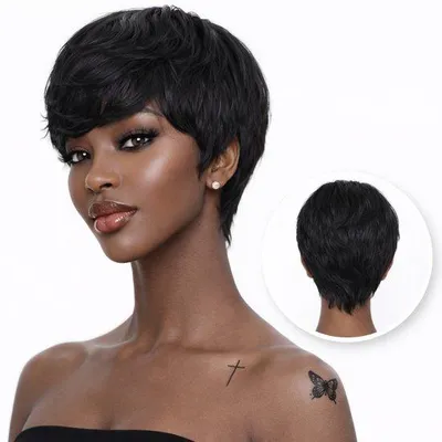 Productafbeelding van SassyGoods - Pruik Zwart Pixie 100% Human Remy Hair Wig - Pruiken Dames Kort Haar - Verstelbaar - Wasbaar - Zwarte Pruik - Kleur 1B - 20 cm