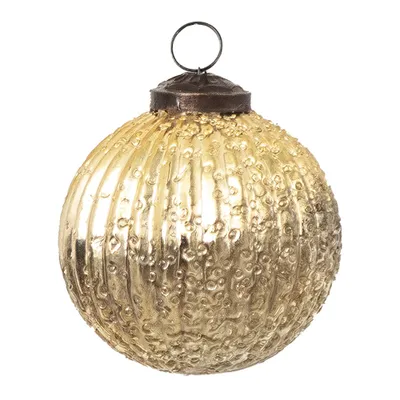 A single gold-colored glass Christmas ornament with a textured surface and a metal cap with a hanging loop.