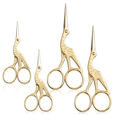 Produktbild von Set mit 4 Stickscheren, kleine Kranich-Nähscheren, Edelstahl, Vintage-Stil, Gold, 9,3 cm x 2 + 11,6 cm x 2