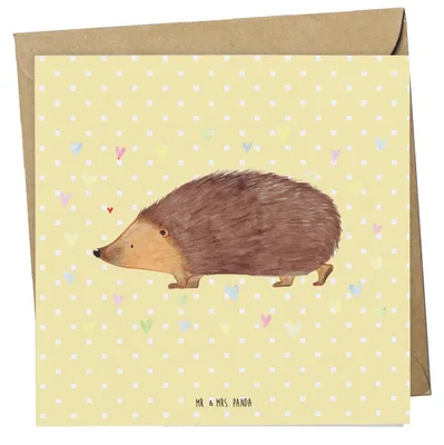 Produktbild von Mr. & Mrs. Panda Grußkarte Igel Herzen - Gelb Pastell - Geschenk, Vertrauen, doppelkarte, Klappkarte, Glückwunschkarte, Herz, Liebe, Leben, faltkarte, Gute Laune