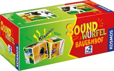 A product box for a children's toy called 'Soundwürfel Bauernhof' (Sound Cubes Farm).