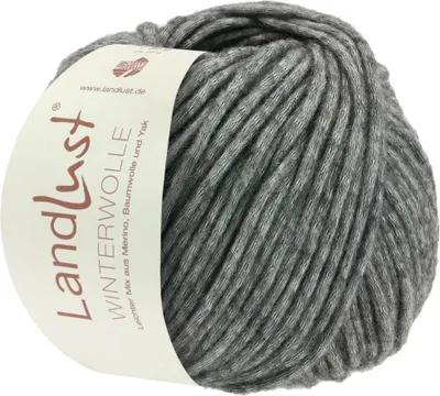 A ball of grey yarn with a label.