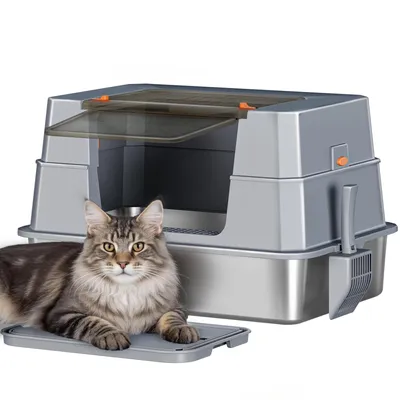 Produktbild von Edelstahl Katzenklo mit Deckel XXXL, Dunkelgrau Geschlossene Metall Katzentoilette, 105° Klappbar Deckel, 70 x 50 x 45 cm