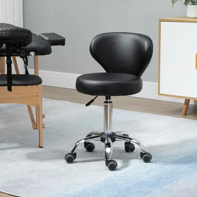 Produktbild von Salonhocker mit Rückenlehne höhenverstellbar, Drehhocker Rollhocker, Kunstleder gepolstert, Schwarz | 51–66 cm | bis 120 kg | 7 cm Polster