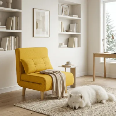 Zdjęcie produktu dla BEALIFE Jednoosobowa rozkładana sofa 84x72 cm | Obicie z lnu w kolorze żółtym/ciemnoszarym | AR50
