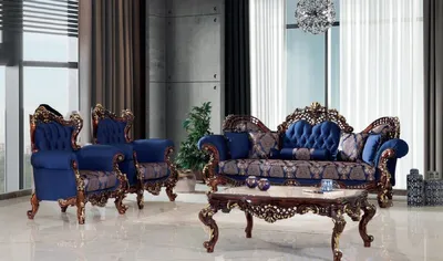 Produktbild von Casa Padrino Luxus Barock Wohnzimmer Set Blau / Dunkelbraun / Gold - 2 Sofas & 2 Sessel & 1 Couchtisch - Handgefertigte Wohnzimmer Möbel im Barockstil - Edel & Prunkvoll