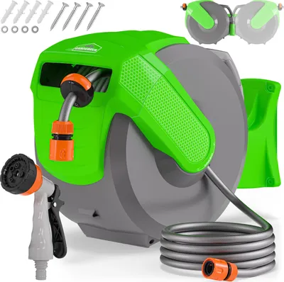 Image de GARDEBRUK® Dévidoir enrouleur de tuyau d’arrosage automatique 20m + 2m support mural 1/2“ buse multijet 7 fonctions enrouleur arrosage jardin