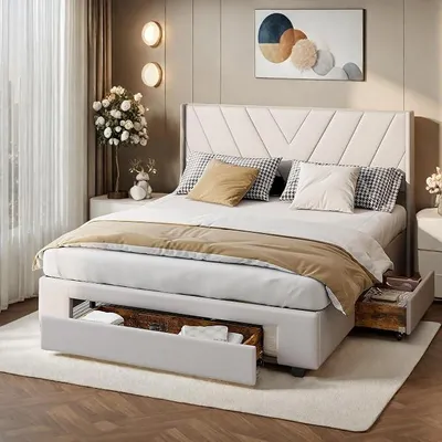Obrázok produktu pre Postel s čalúneným čelom, dvojlôžko, 160x200 cm, s 3 zásuvkami, úložná posteľ, posteľ pre mládež, rám postele s latkovým roštom, bez matraca, materiál: ľan, farba: béžová