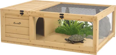 Produktbild von PawHut Schildkrötenhaus aus Holz, Schildkrötengehege mit Haupthäusern, Gelb