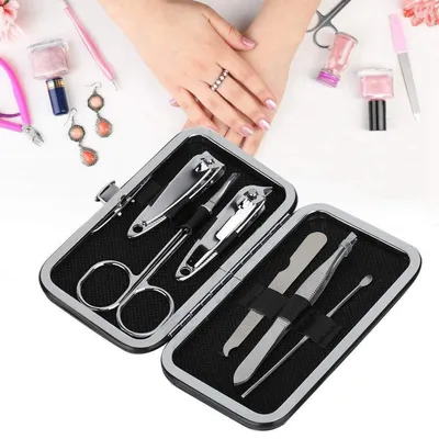 Immagine prodotto di Kit per manicure, 6 pezzi, in acciaio inossidabile, con custodia da viaggio, per mani, piedi e viso
