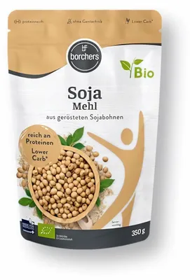 Produktbild von BORCHERS  Sojamehl, 350g, aus gerösteten Sojabohnen, veganer Ei-Ersatz, Premium Mehl, zum Backen & Kochen - 350 g (1er Pack)