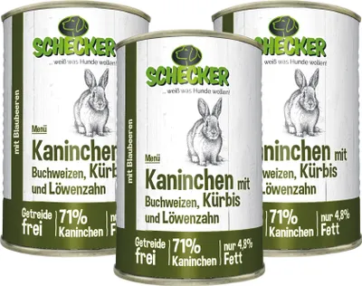 Produktbild von 3 x 410g Schecker Nassfutter - Hundemenü 71 % Kaninchen Buchweizen, Kürbis - getreidefrei
