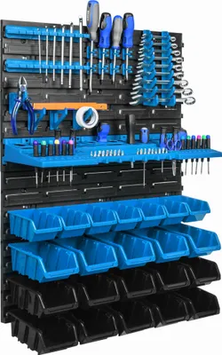 Immagine prodotto di Pannello porta attrezzi da appendere 58x78cm con 22 pezzi. Scatole blu montate a parete con set di supporti in plastica