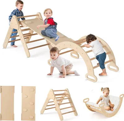 Produktbild von GOPLUS Kletterdreieck, Klettergerüst mit Kletterbogen, Leiter, Rutsche, Rampe, inkl. Kissen, Sprossendreieck zum Klettern, Rutschen & Wippen, Natur
