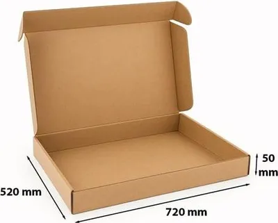 An open cardboard box with dimensions indicated.