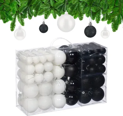 Obrázek produktu pro Relaxdays vánoční ozdoby, sada 100 ks, vánoční dekorace, matné, lesklé, třpytivé, ozdoby na stromeček ∅ 3, 4 a 6 cm, černé/bílé