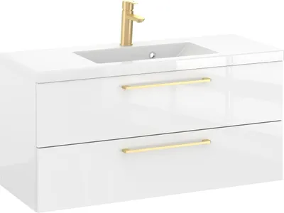 Produktbild von Rosen 100 cm Badezimmerschrank mit Waschbecken und Gold gebürstetes Griffen - Zeitloses Design für Elegantes Bad