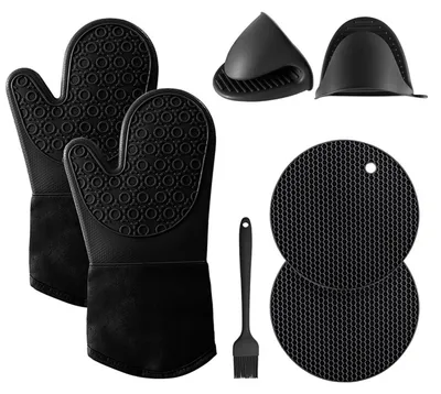 Immagine prodotto di Guanti da forno, set da 6 pezzi - Resistenti al calore fino a 300°C, antiscivolo, neri
