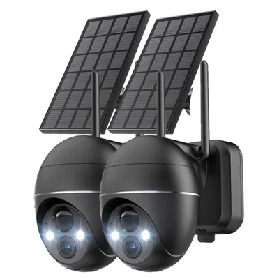 Image de 2 pièces 2K 5MP solaire caméra de surveillance extérieure Wi-Fi 360°PTZ pivotant caméra extérieure batterie 30M vision nocturne couleur PIR détection de mouvement Compatible Alexa