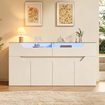 Produktbild von Sideboard mit gehärteter Glasplatte 140x40x70cm Holzoptik Kommode mit 2 Schubladen MDF Aufbewahrungsschrank für Esszimmer & Wohnzimmer