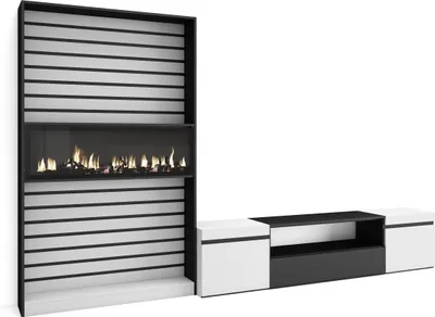 Produktbild von Wohnwand Wohnzimmer, 310x35x186cm, Für TV-Geräte bis zu 80", Elektrokamin XXL, Weiß und Schwarz