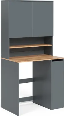 A modern desk with overhead cabinets and shelves, shown against a white background.
