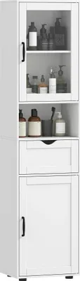 Image de Armoire de salle de bain - Armoire haute étroite - Porte vitrée - Étagères réglables - Tiroir - À monter soi-même - 40 x 30 x 165 cm - Blanc