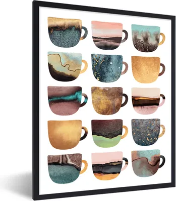 Produktbild von MuchoWow® Gerahmtes Poster Abstrakt - Kaffeetassen - Pastell - Muster 30x40 cm - Poster mit Schwarzem Bilderrahmen Wandposter Rahmen Foto Bilder - Wanddeko - Kunstdrucke