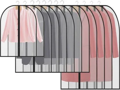 Image de Ensemble de 12 housses de protection Unyqoos® - résistantes à la poussière et à l'eau, transparentes, avec fermeture éclair, dimensions : 2 x 60 x 80 cm / 6 x 60 x 100 cm / 4 x 60 x 120 cm, pour manteaux, chemises, robes