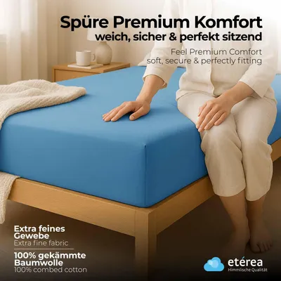 Produktbild von etérea Jersey Spannbettlaken Baumwolle 90x200 - 100x200 cm - Hellblau – Fein-Jersey Spannbetttuch mit Rundumgummi, bügelfrei &